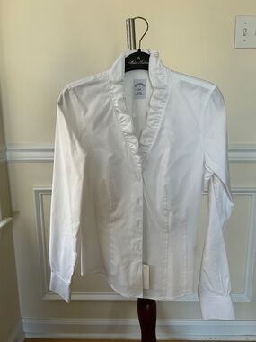 Brooks Brothers White Ruffled V-Neck Blouse